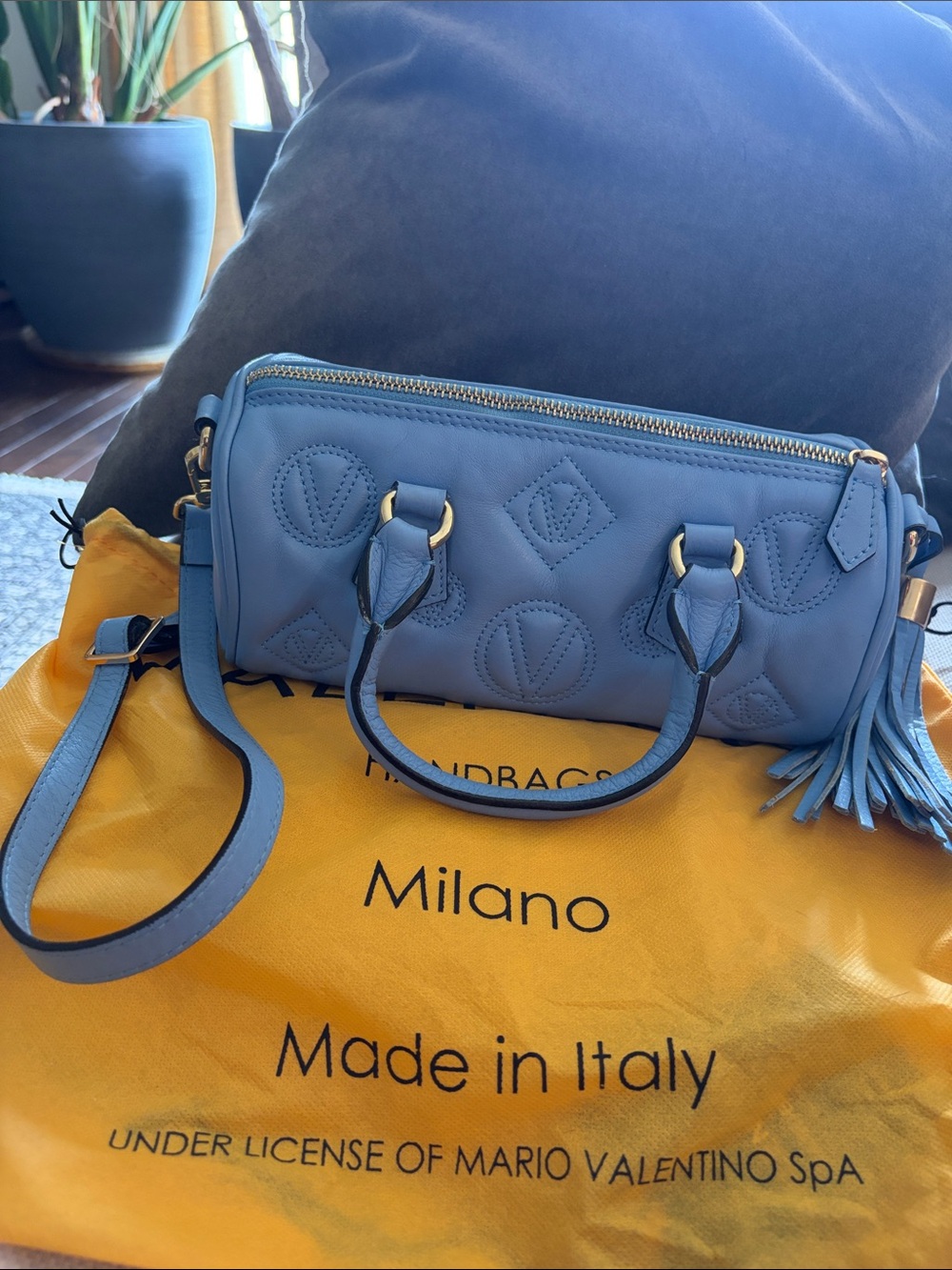 Mario Valentino Powder Blue Leather Crossbody Barrel Bag